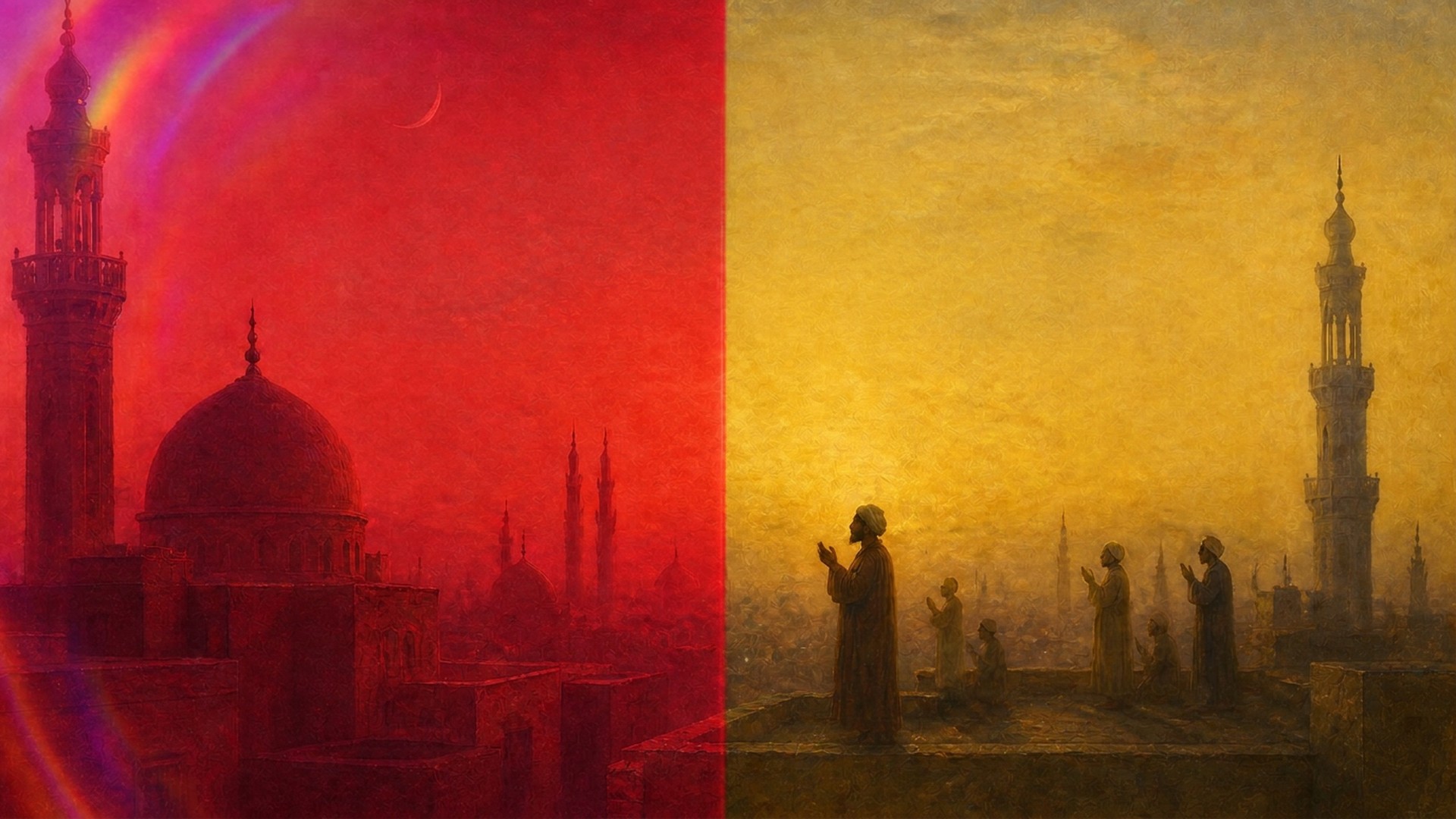 Diptyque cinématique : mosquée au clair de lune sur fond bleu nuit, et prière à l'aube dorée